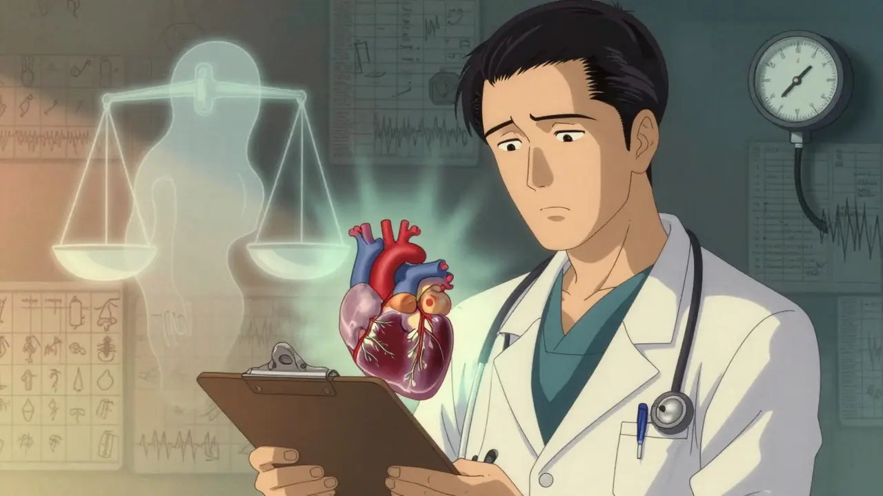 Doctor checking vital signs with stylized icons of heart risk and weight gain.