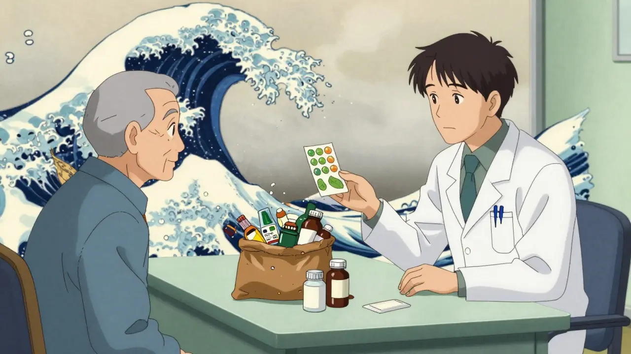 Doctor reviewing brown bag of medications with senior patient