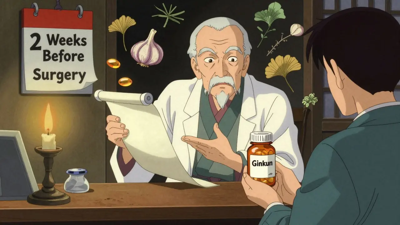 Doctor warning patient about ginkgo and surgery in ukiyo-e anime style