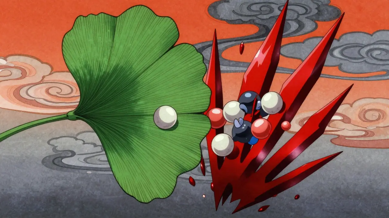 Ginkgo leaf clashing with red blood thinner shards in dramatic anime art