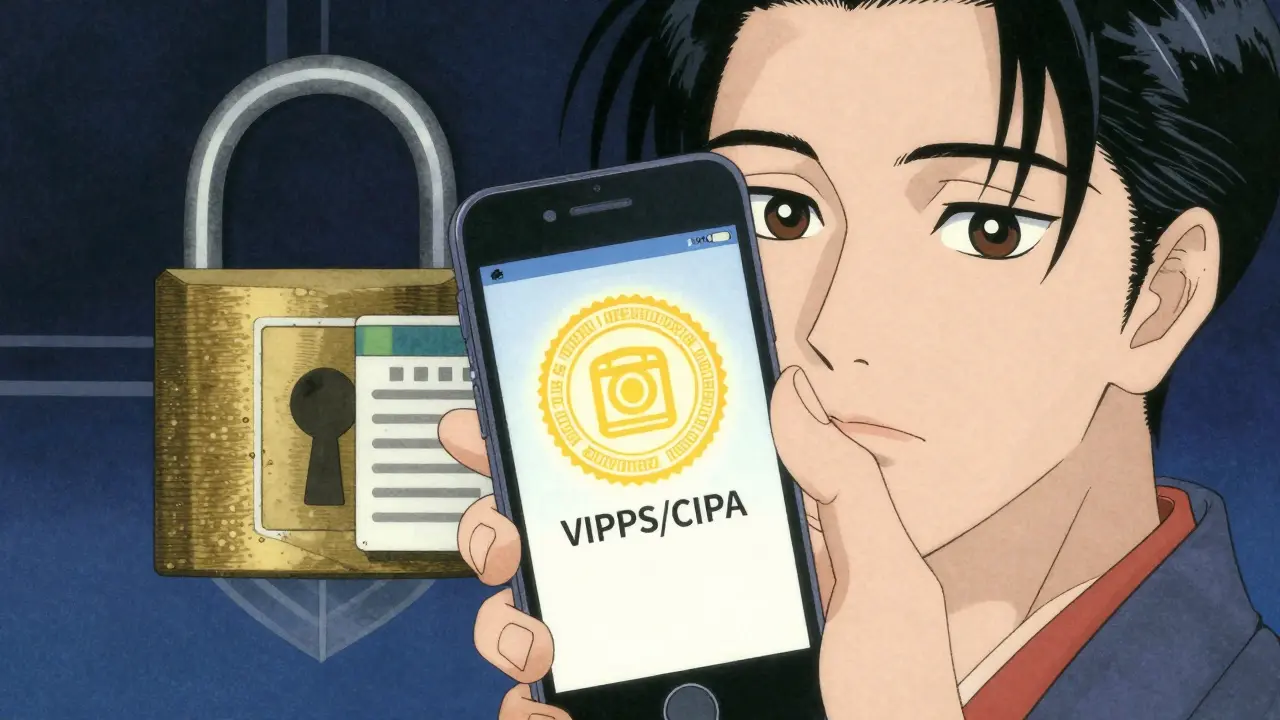 Hand verifying a trusted pharmacy seal on a smartphone screen in anime style