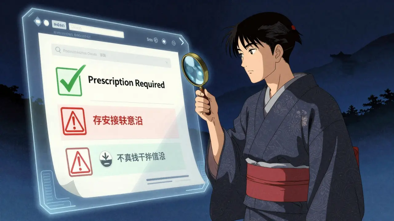 Manga character checking online pharmacy safety features with a magnifying glass
