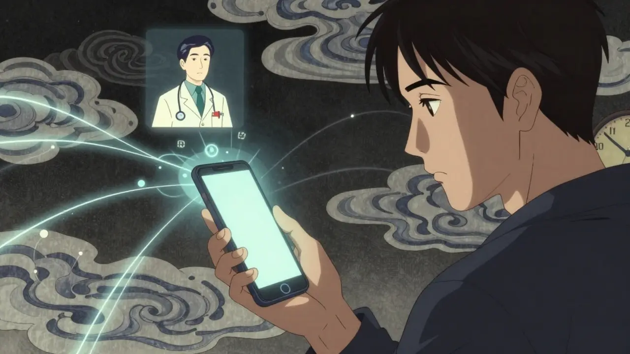 Parent using a phone to contact poison control experts urgently.