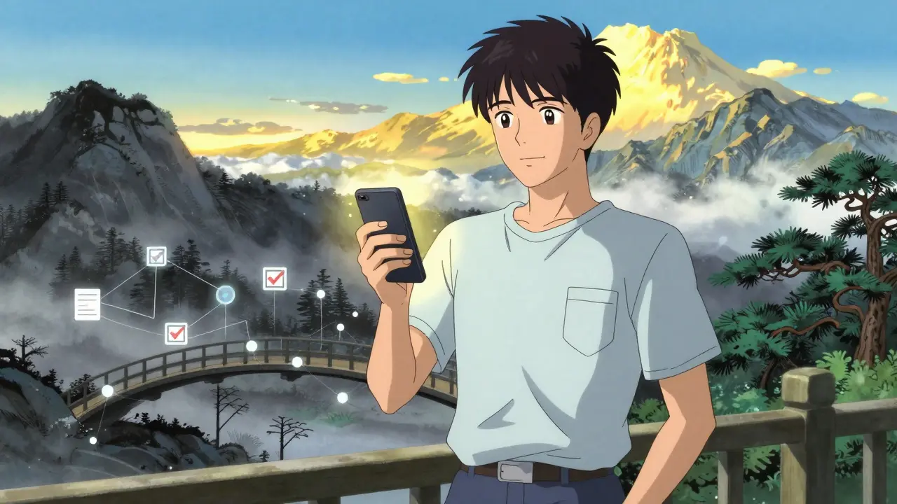 Patient using smartphone app for health tracking against a bright, hopeful backdrop.