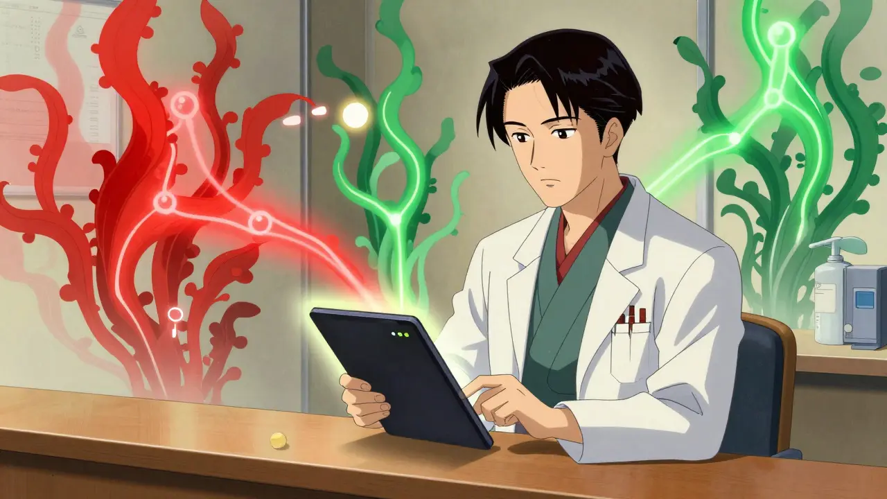 Pharmacist checking digital alerts for drug interaction safety