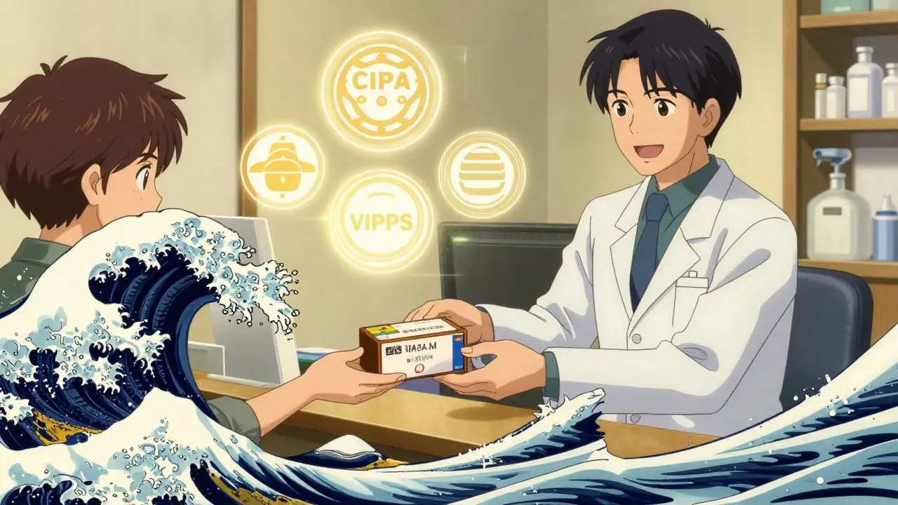 Pharmacist handing medication with safety seals in ukiyo-e anime art