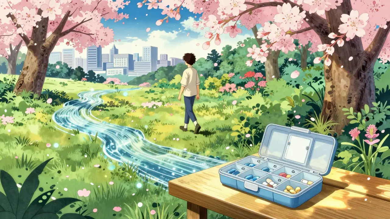 Serene anime scene of healthy lifestyle with pills and nature in ukiyo-e style