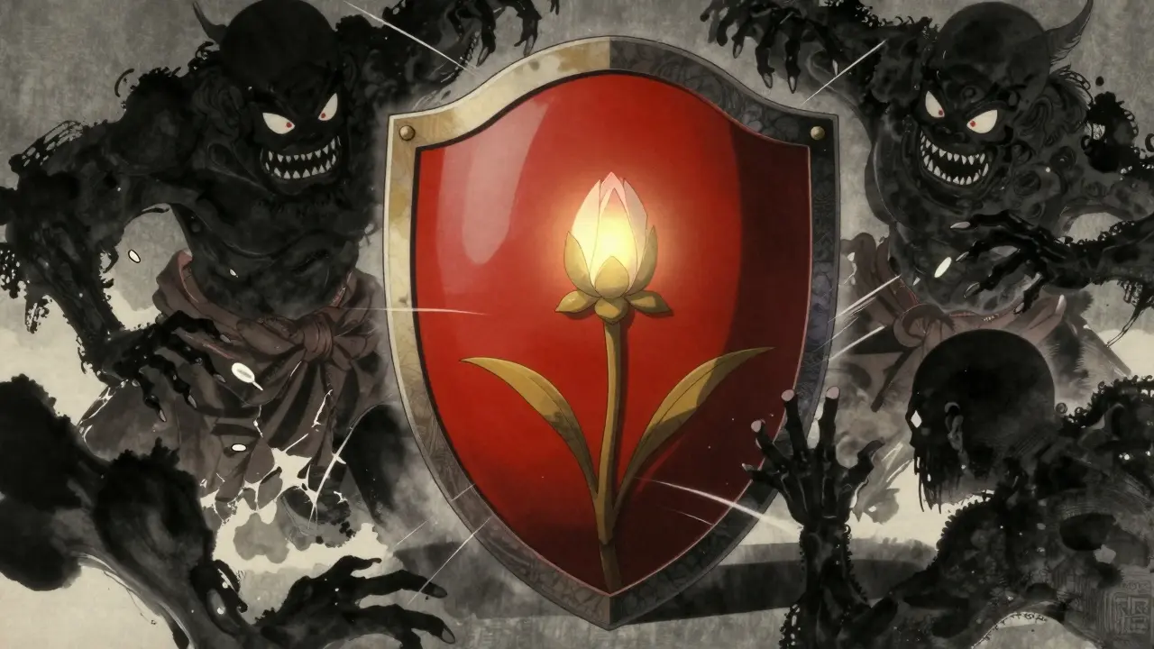Shield protecting fertility health from counterfeit drug threats in anime
