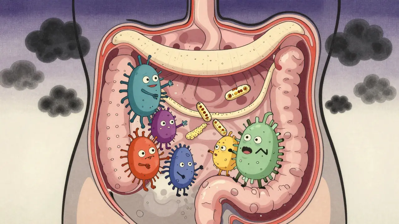 Stylized anime cross-section showing good gut bacteria fighting inflammation clouds.