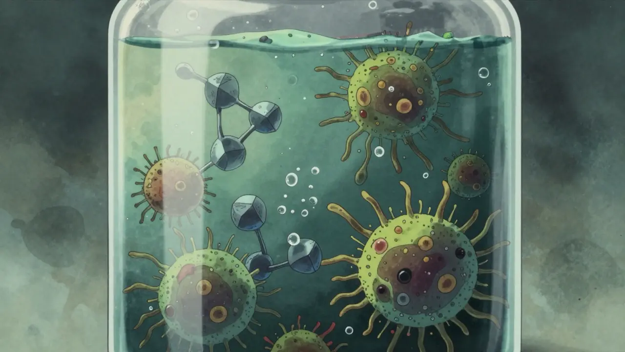 Stylized bacteria growing in expired liquid medicine
