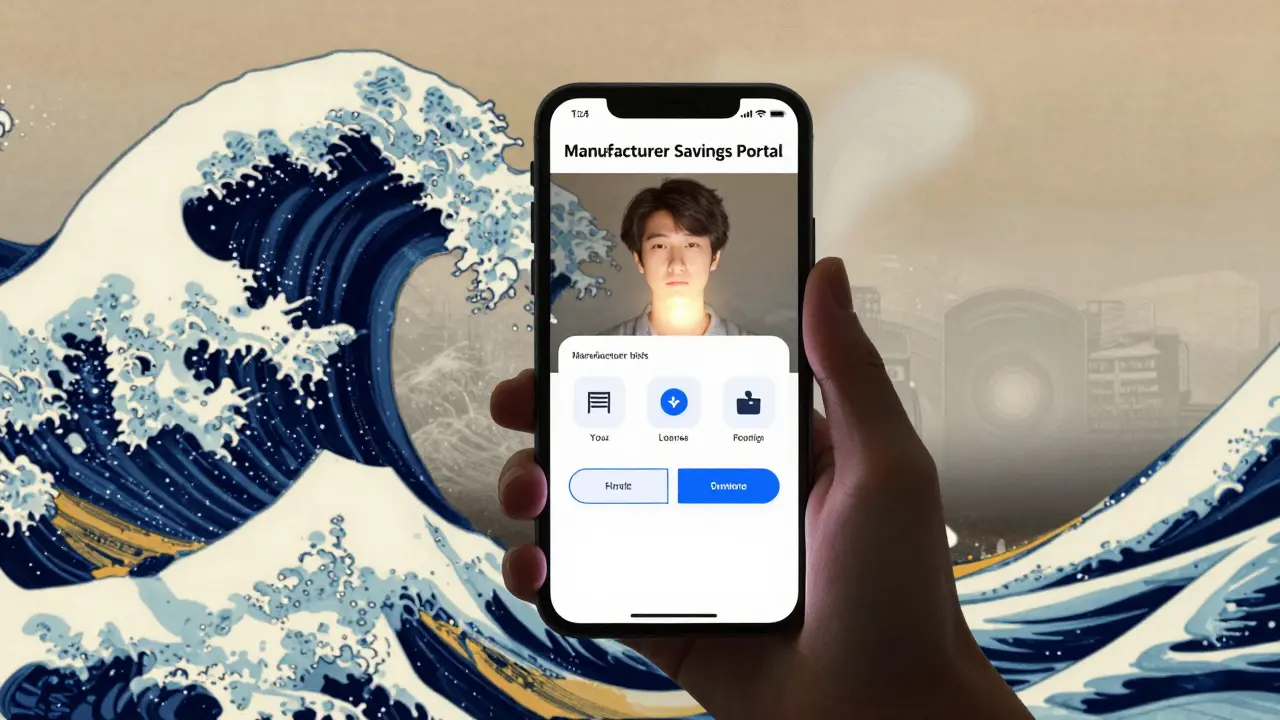 Ukiyo-e anime hand holding phone with digital savings portal amidst data waves