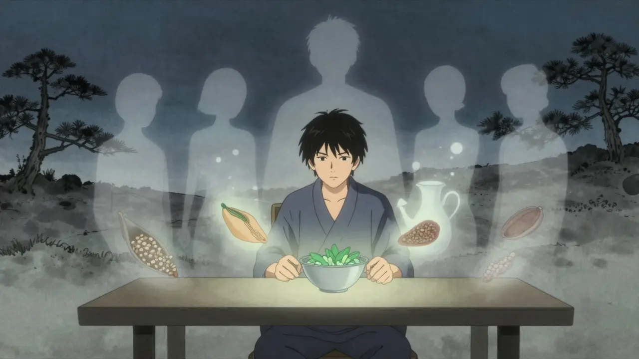Ukiyo-e anime illustration of a person eliminating inflammatory foods, shown as fading shadows.