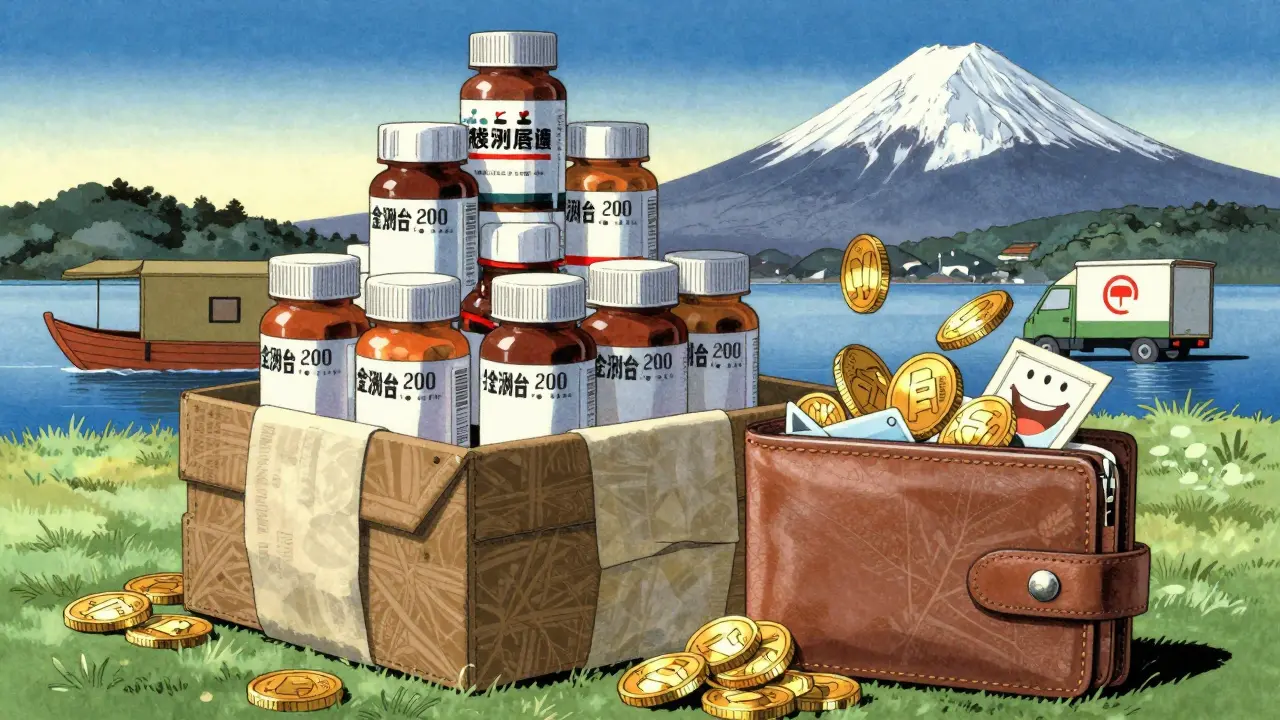 Ukiyo-e anime style showing bulk medicine bottles and a happy wallet saving money