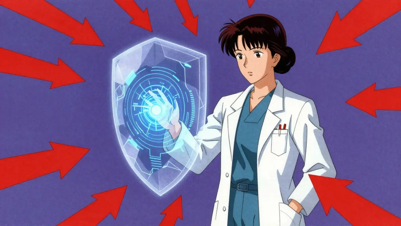 AI technology shielding a pharmacist from medication errors in a stylized anime scene.