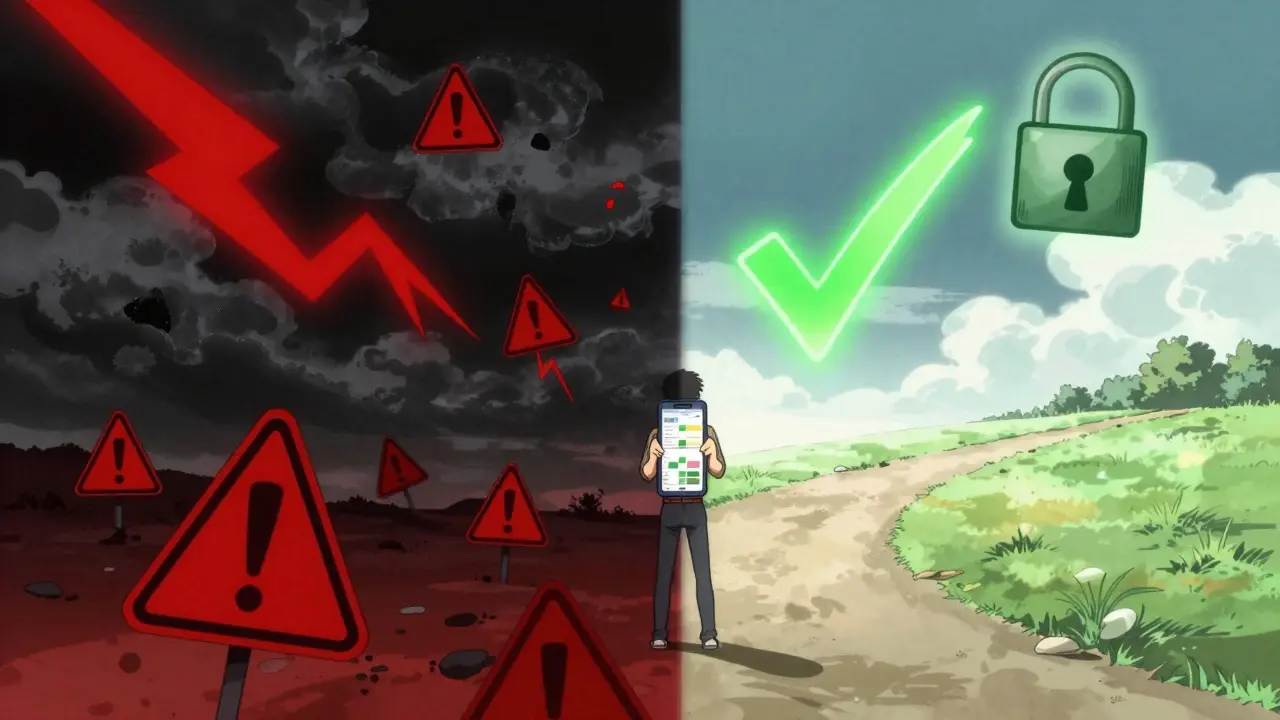Anime art showing choice between risky scams and safe pharmacies