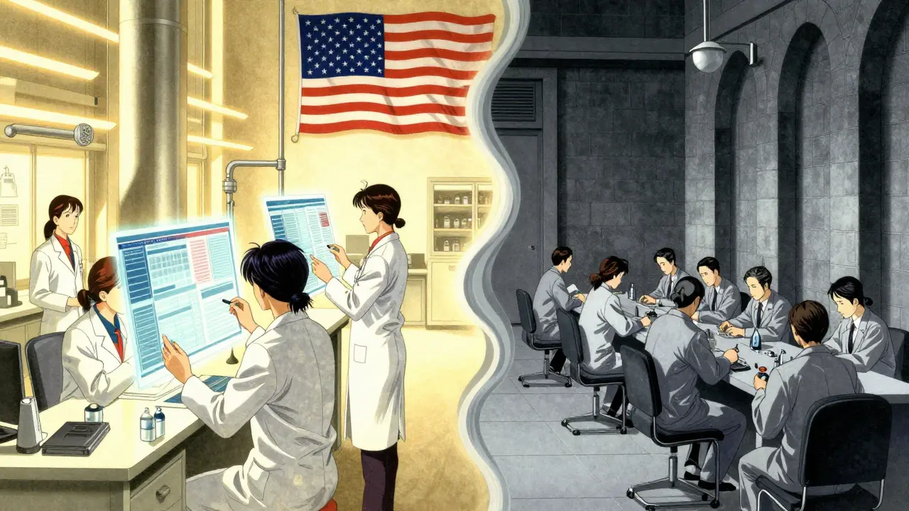 Anime ukiyo-e style: contrasting US fast and EU slow drug approval paths