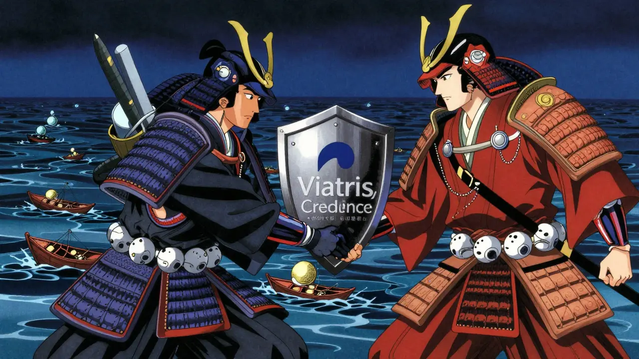Anime ukiyo-e style: pharma companies merging into a strong alliance