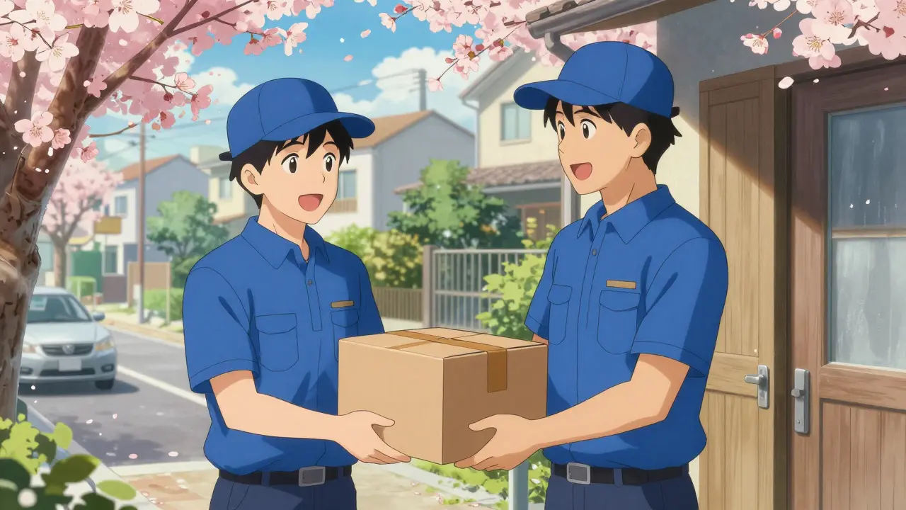 Courier delivering a medicine package at a doorstep in anime art style