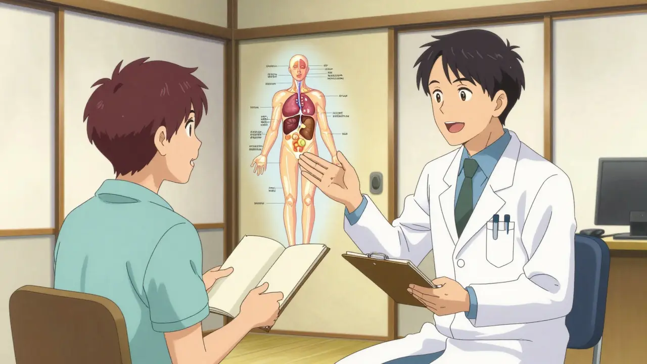 Doctor and patient discussing meds in anime style