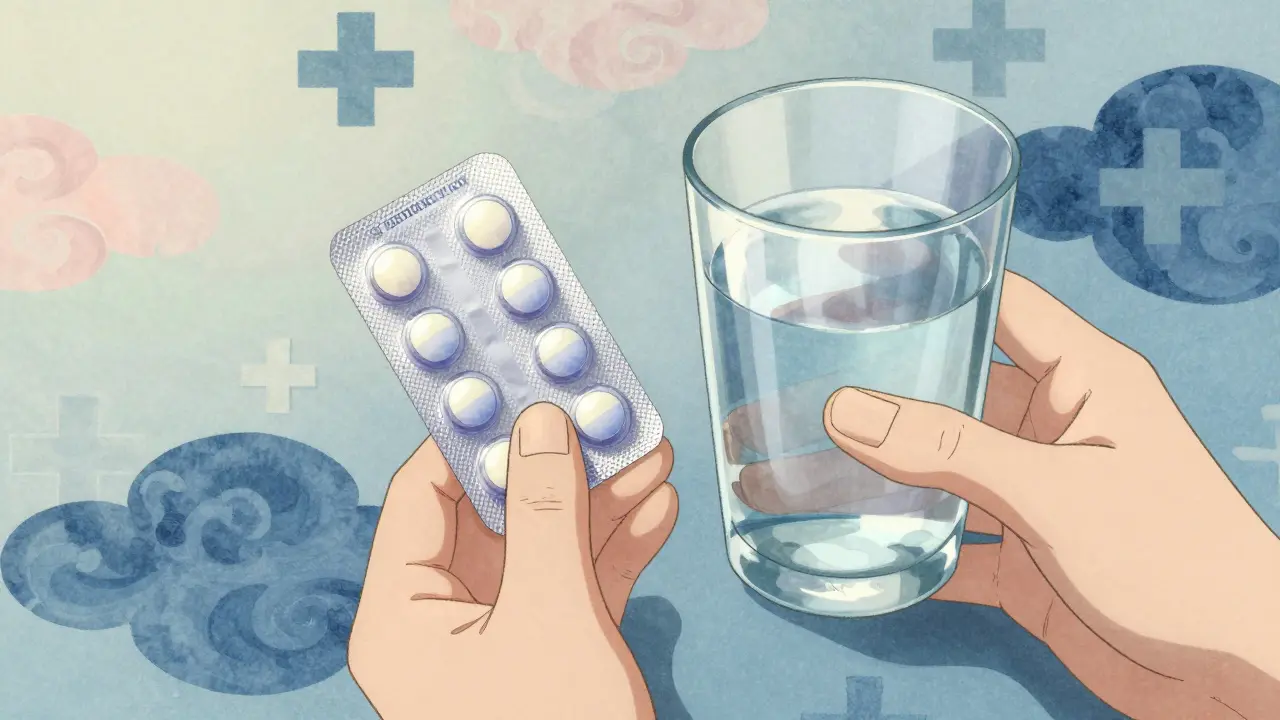 Hand holding metformin pills and water in a peaceful ukiyo-e inspired anime style