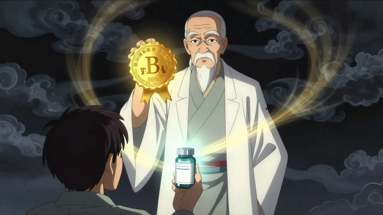 Healer protecting patient from scams with a golden seal of medical authenticity