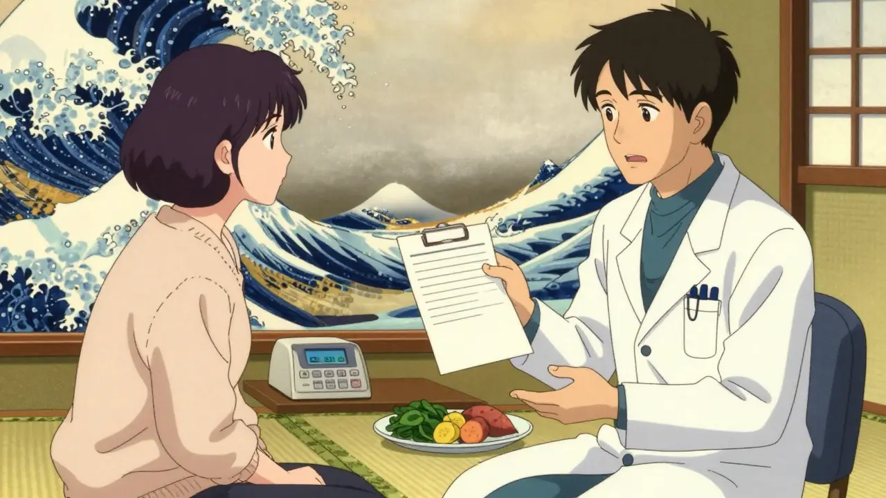 Serene anime scene of doctor and patient discussing diet and blood tests in a traditional Japanese room.