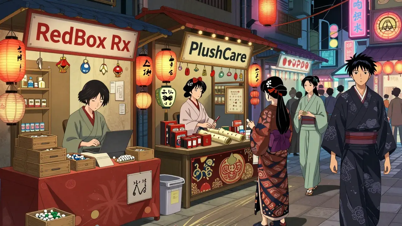 Stylized market stalls representing different online pharmacy platforms in anime art