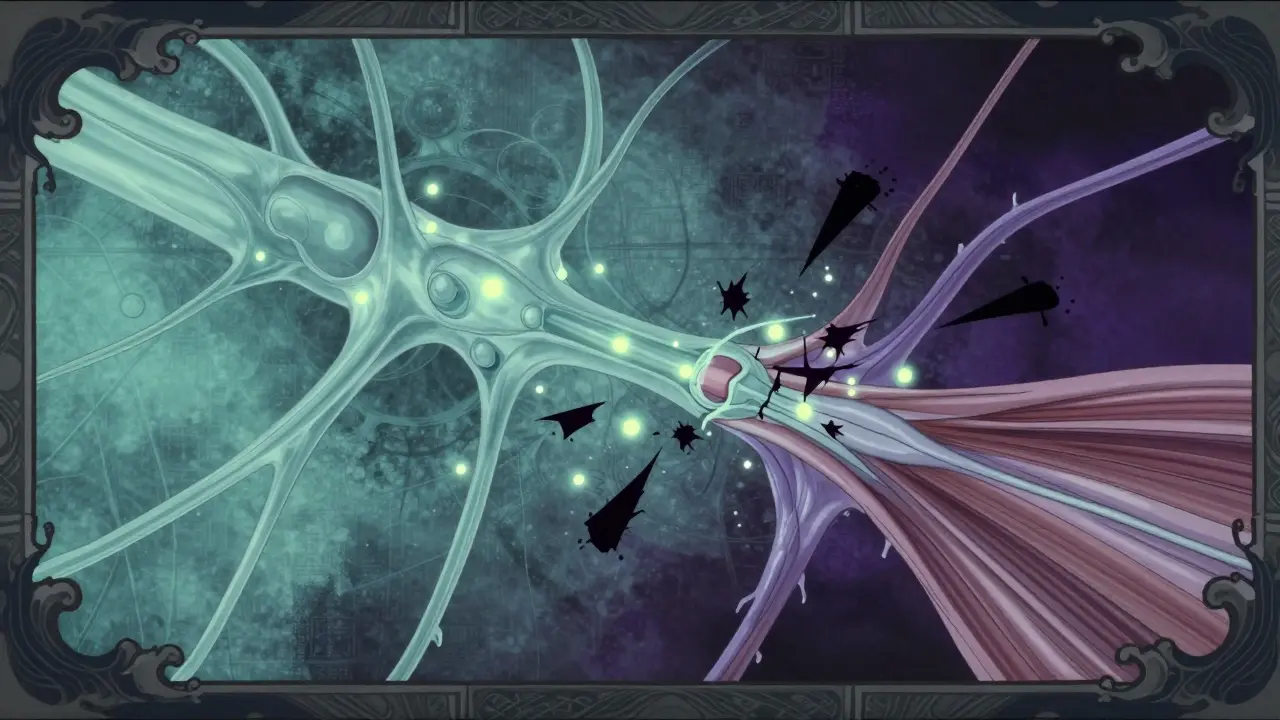 Stylized nerve signals blocked by dark shapes at a synapse