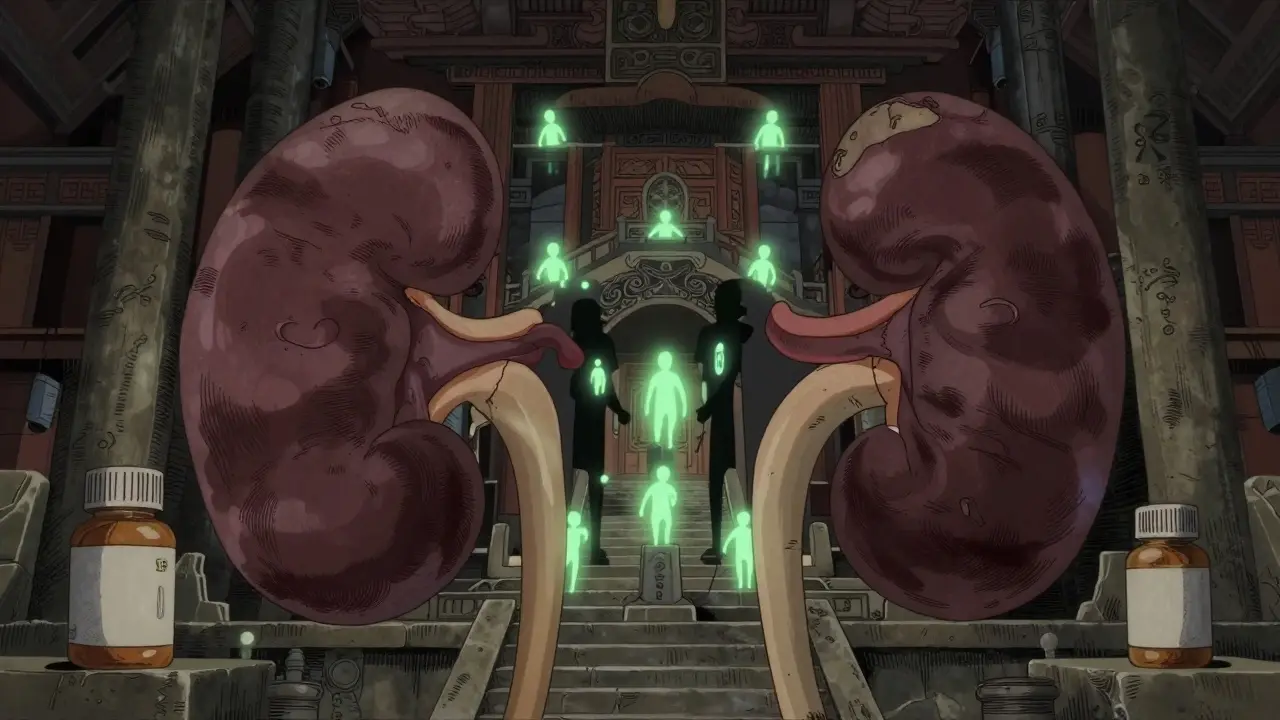 Ukiyo-e anime art showing kidneys as temples where potassium spirits are trapped by shadowy pills.