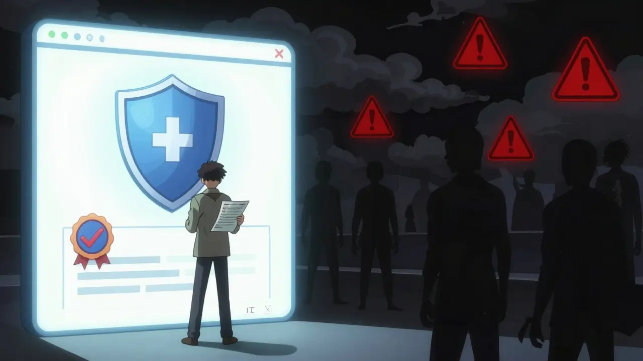Ukiyo-e anime art showing safe vs unsafe online pharmacy choices with visual symbols