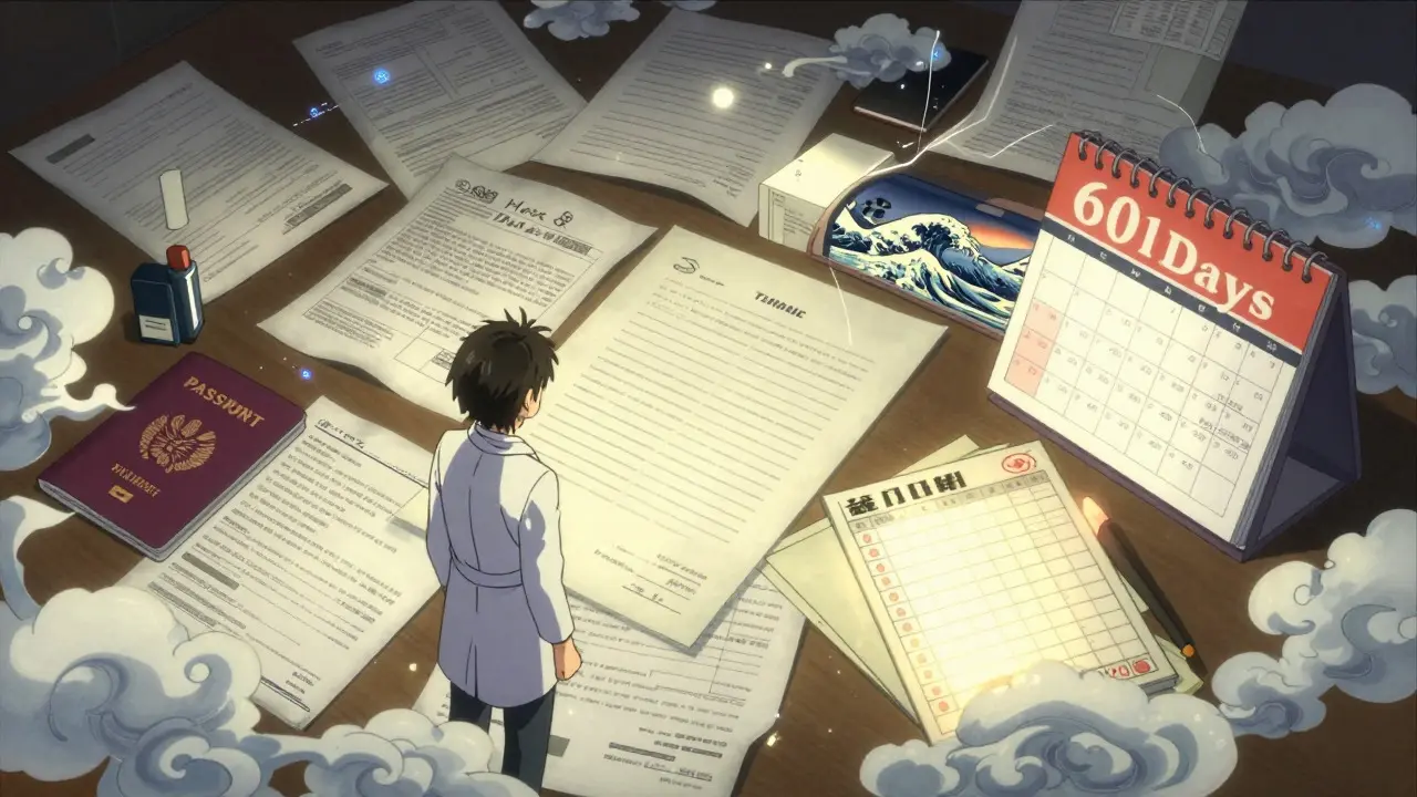 Anime character organizing travel docs and permits