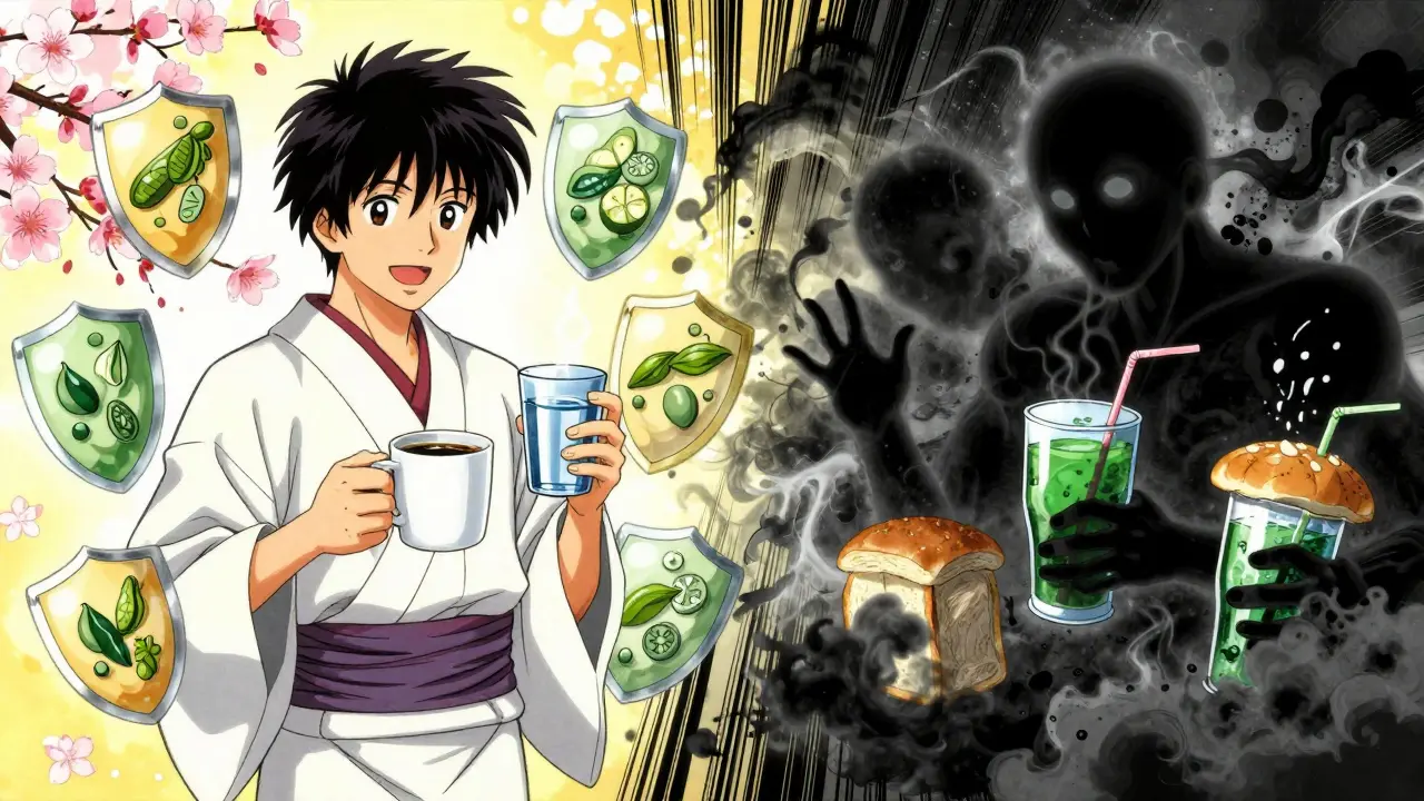 Anime contrast of healthy coffee vs sugary drink shadows