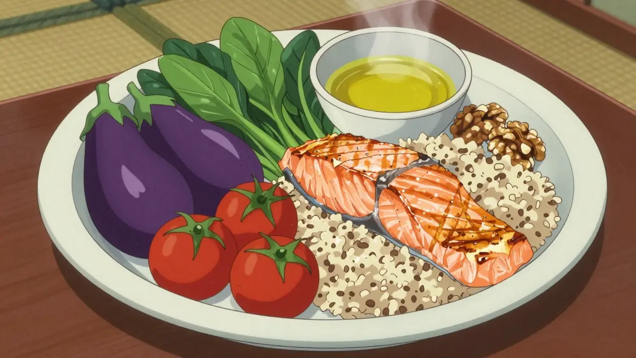 Anime-style balanced meal plate with fish, grains, and veggies