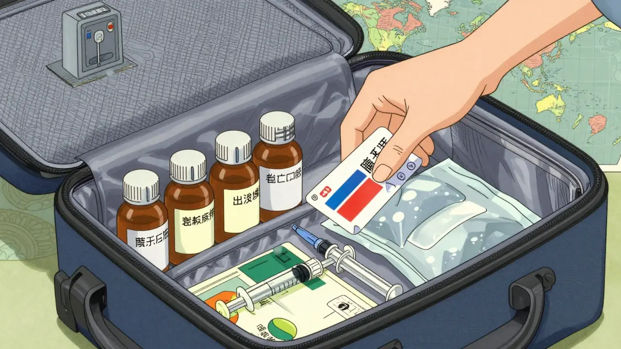 Anime style packed carry-on with labeled meds