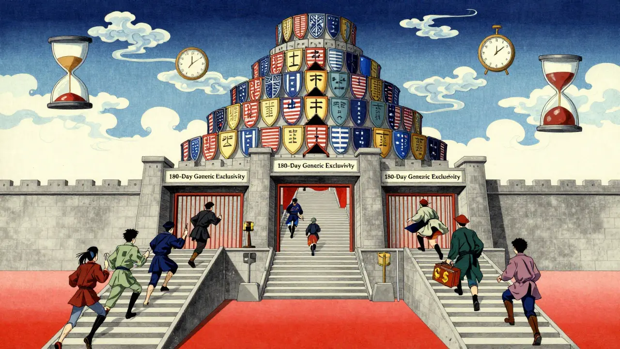 Anime ukiyo-e style: Generics racing up stairs against a fortress of US patent laws.