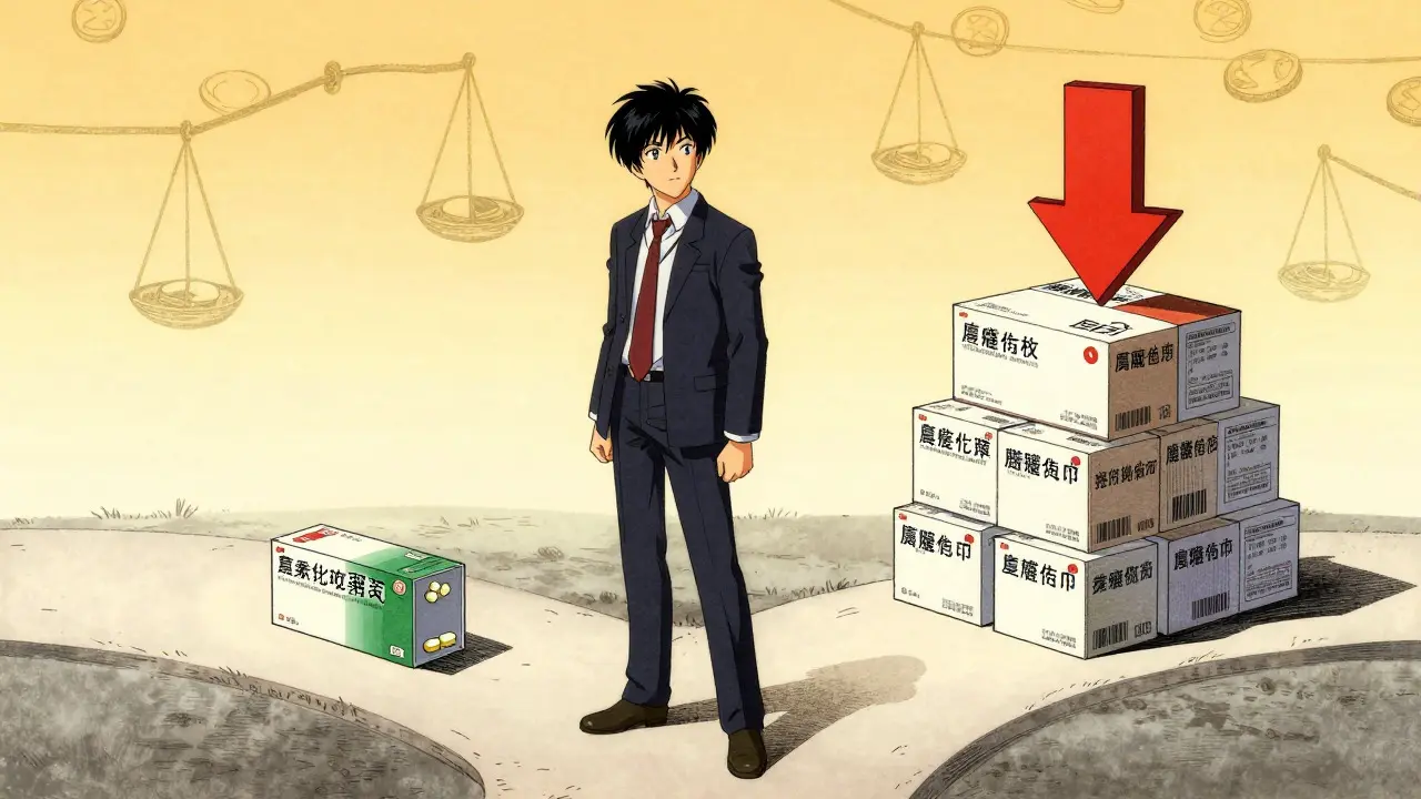 Character choosing bulk meds over single dose, anime style