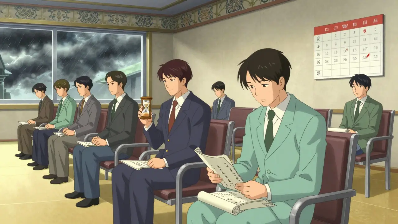 Characters waiting patiently in a temple, preparing documents for final approval.