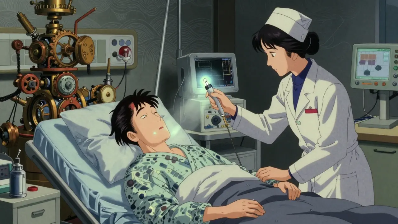Doctor monitoring patient with glowing diagnostic tool in anime style