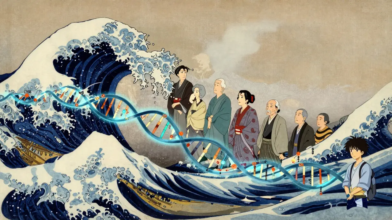 Family tree merging into glowing DNA strand with wave background