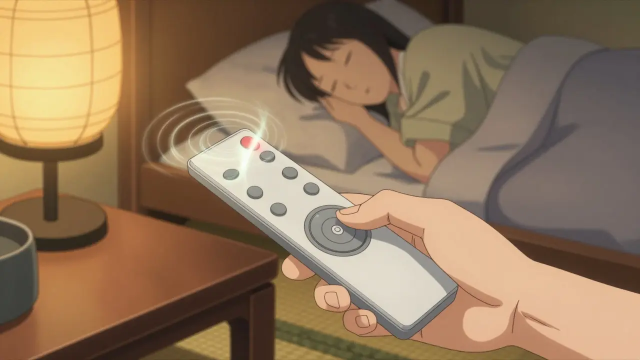 Hand pressing remote control activating sleep apnea device at bedside
