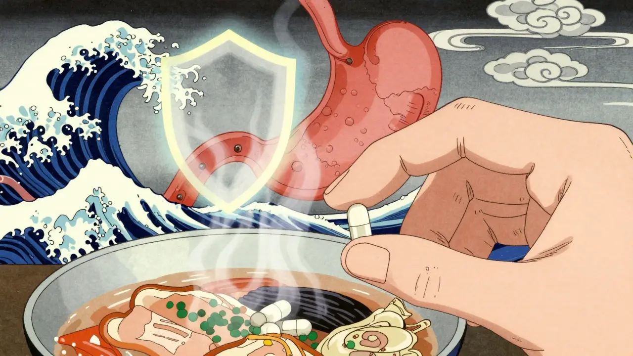 Hands holding enzyme pills over food with acid shield