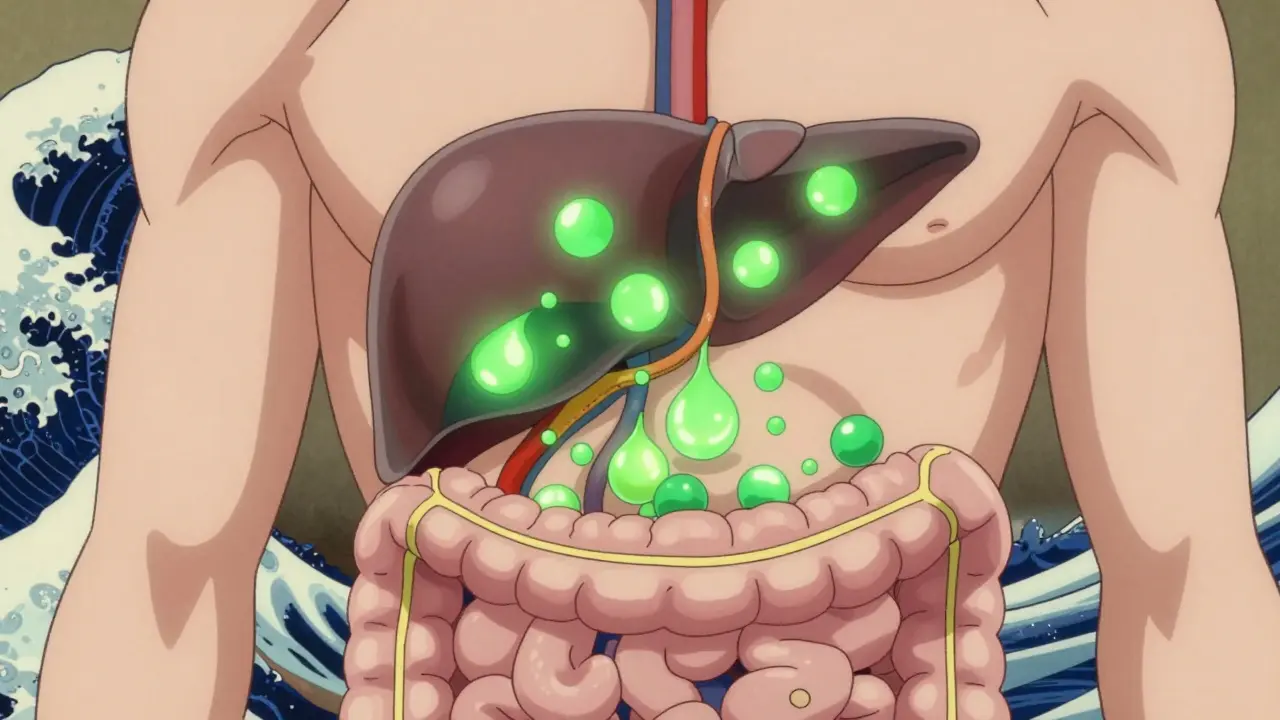 Illustration of bile acids trapped by resin in the gut