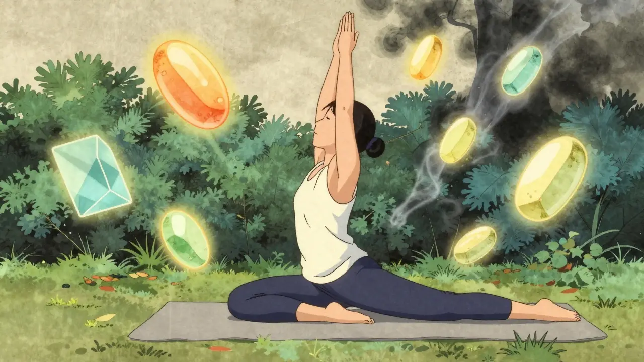 Person doing yoga with glowing vitamin shapes nearby