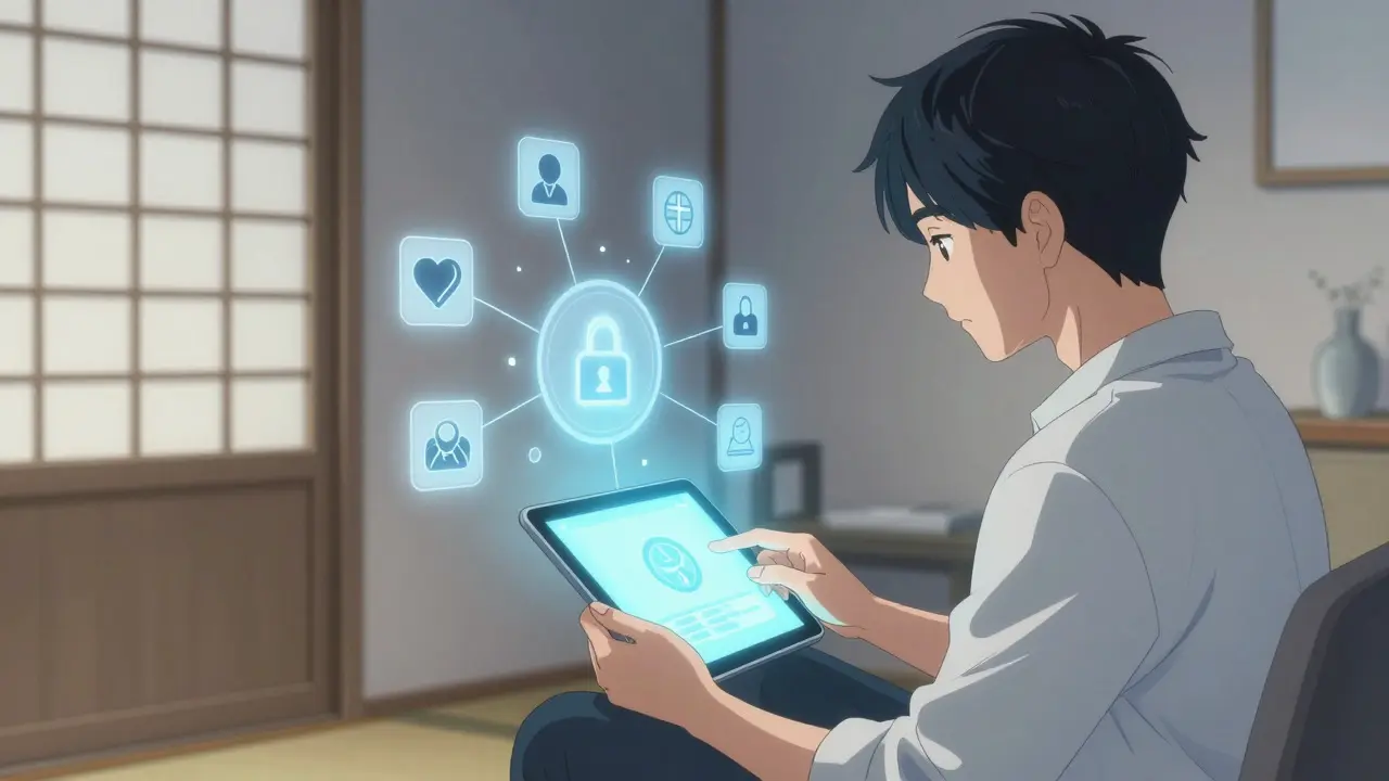 Person using telehealth tablet in serene room, ukiyo-e anime style