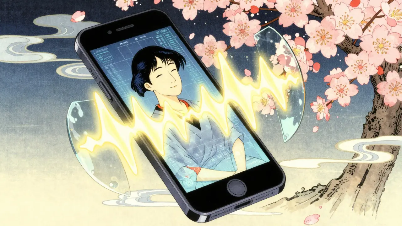 Smartphone projecting protective data shields over a calm patient