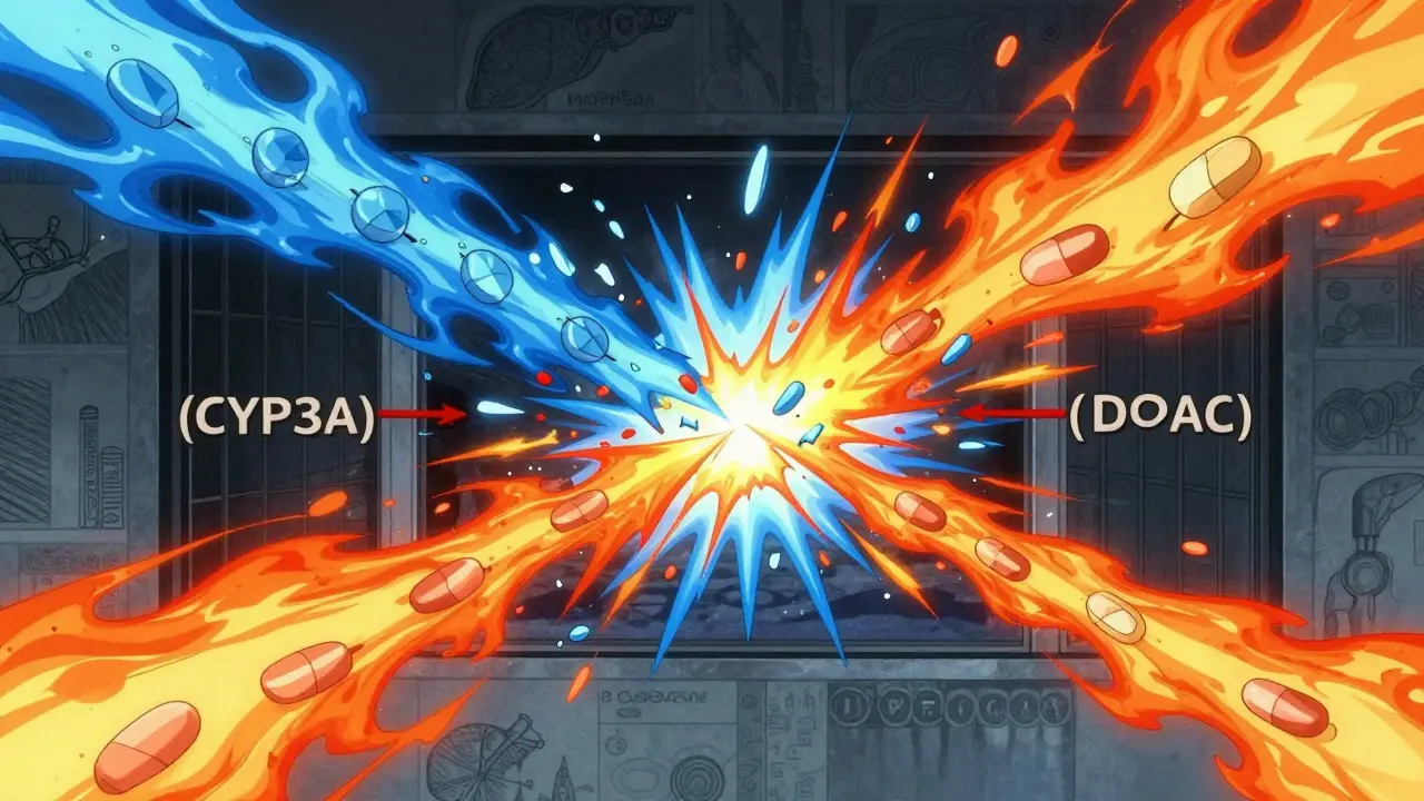 Stylized collision of blue and orange energy streams representing dangerous drug interactions.