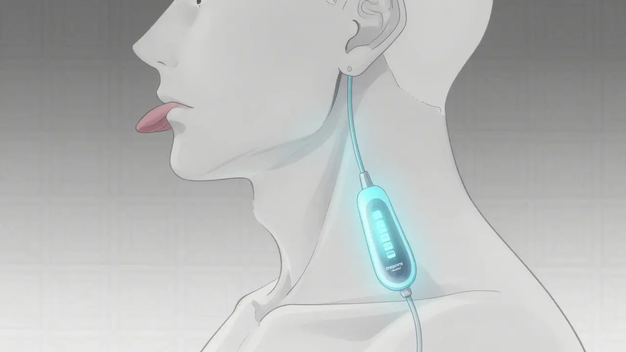 Stylized diagram of upper airway stimulator implant in neck and tongue
