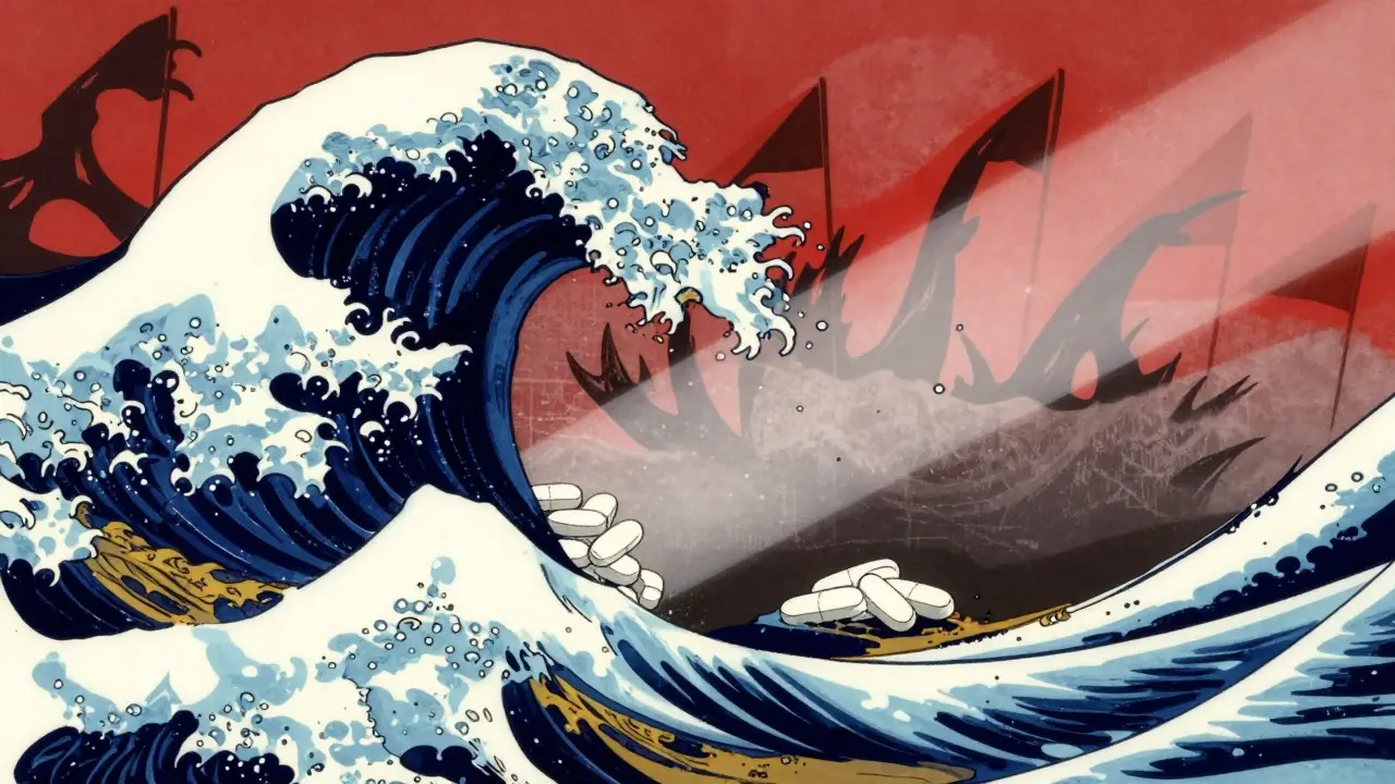 Wave pattern shield protecting pills from shadows, ukiyo-e anime