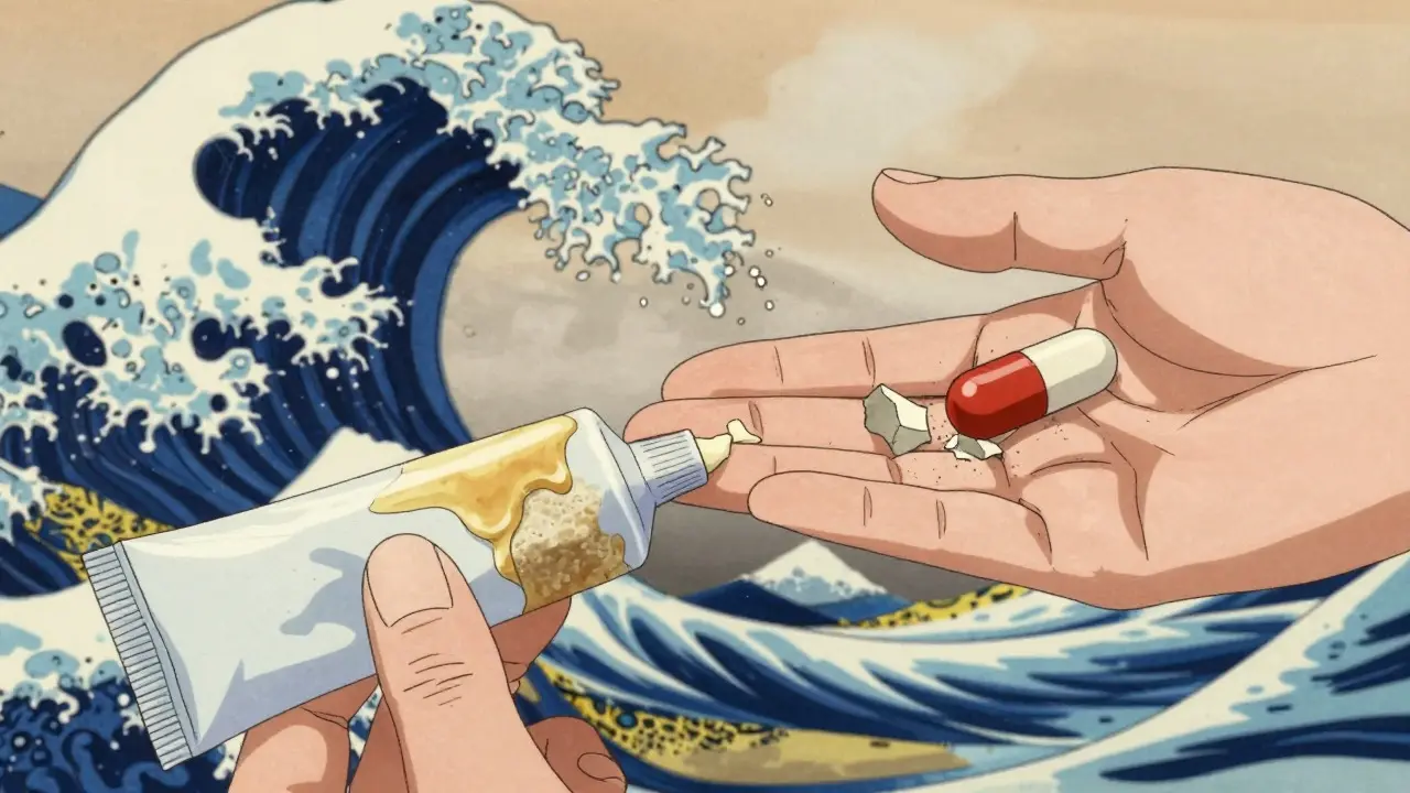 Anime art of crumbling capsules and separated cream texture.