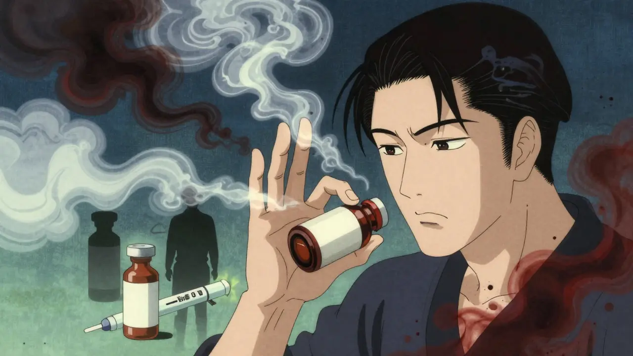 Anime character checking medication smell with warning mists.